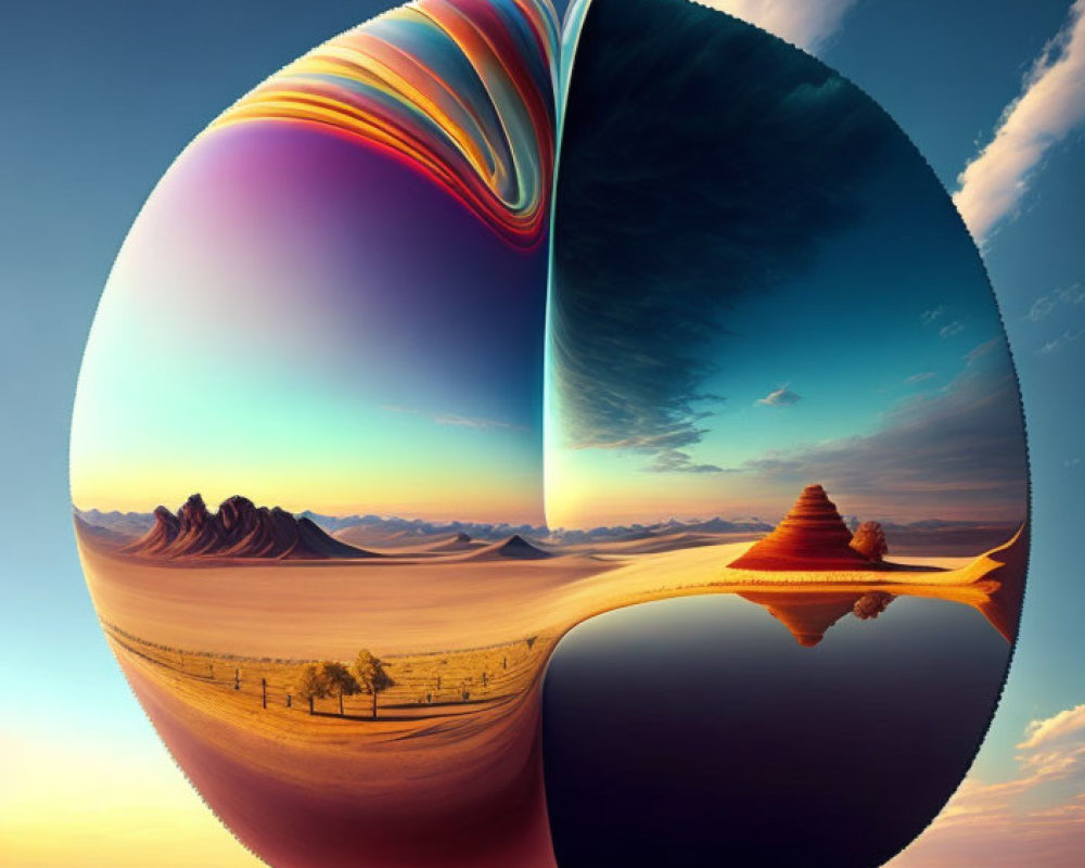 Abstract spherical landscape with desert and reflective surfaces under crescent moon