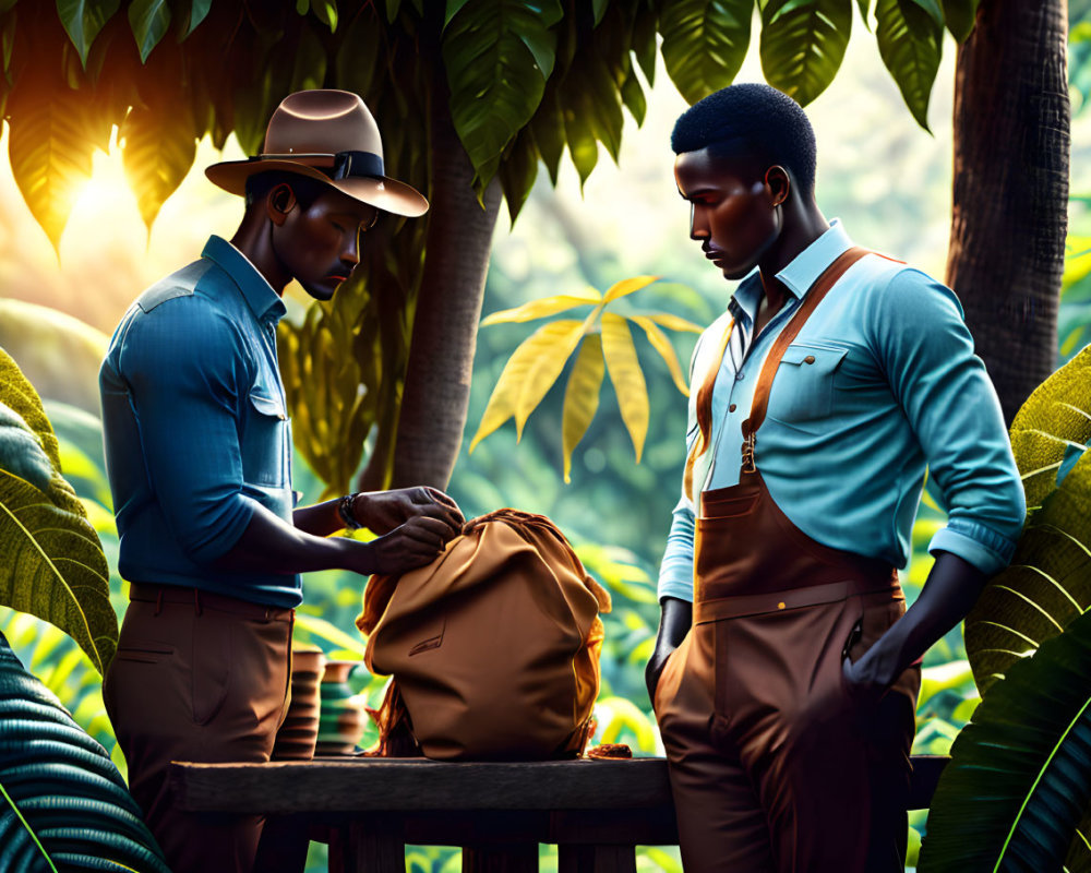 Vintage explorer outfits men with leather bag in lush jungle setting