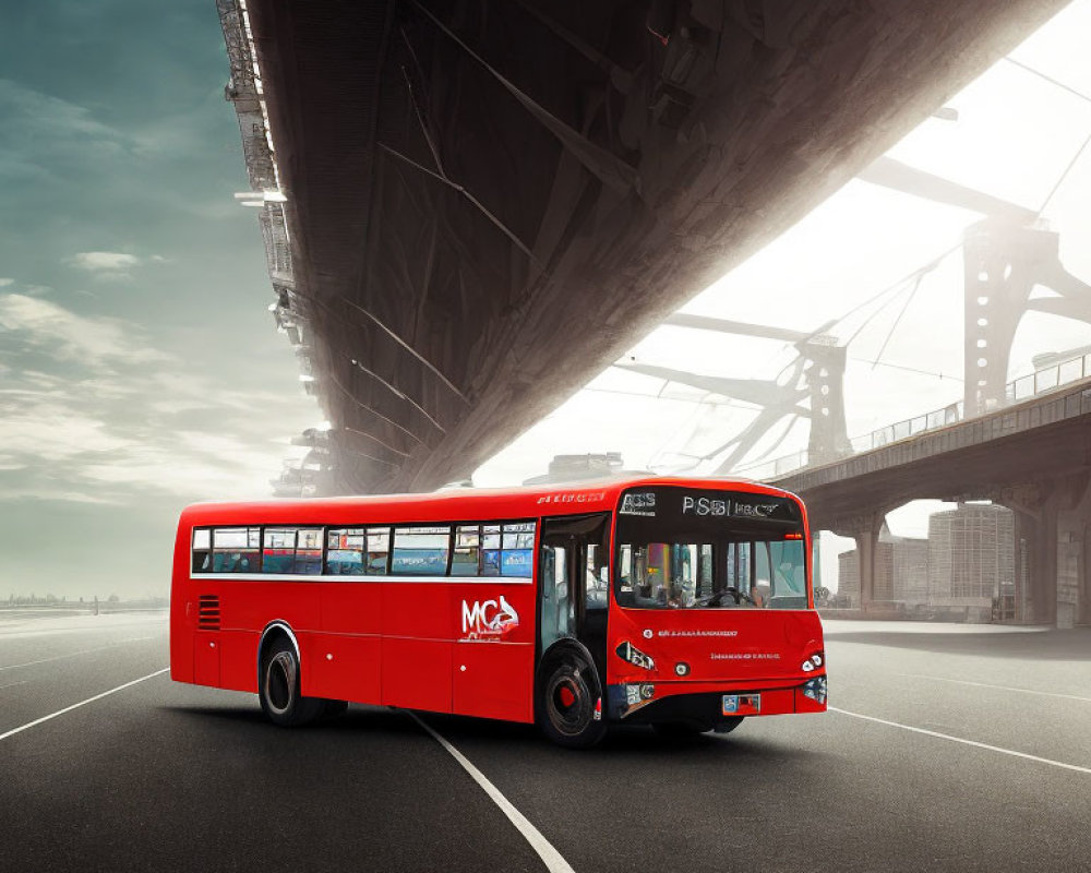 Red city bus on empty road under overpass with clear blue sky