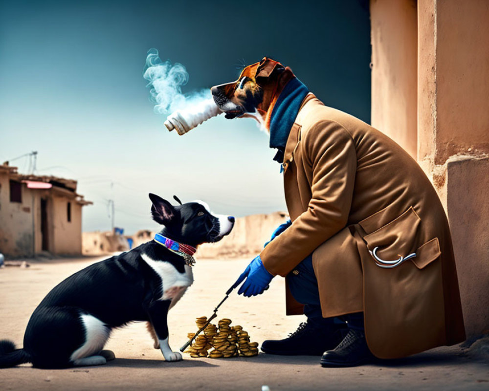 Dog Detective with Pipe and Companion Dog Guarding Coins