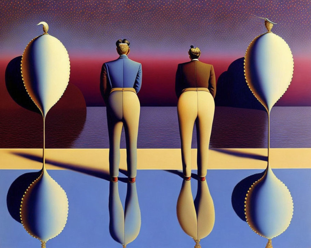 Surreal painting: figures with mirror-reflected legs, birds on heads, dusk sky