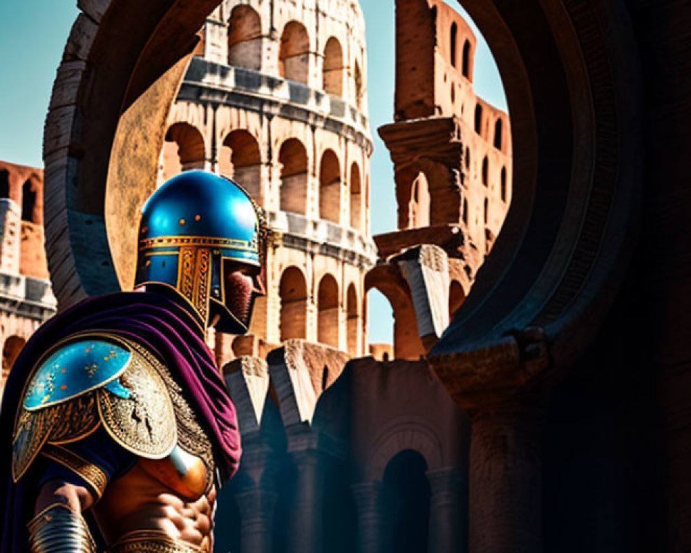 Roman soldier in Colosseum backdrop under arched passageway.