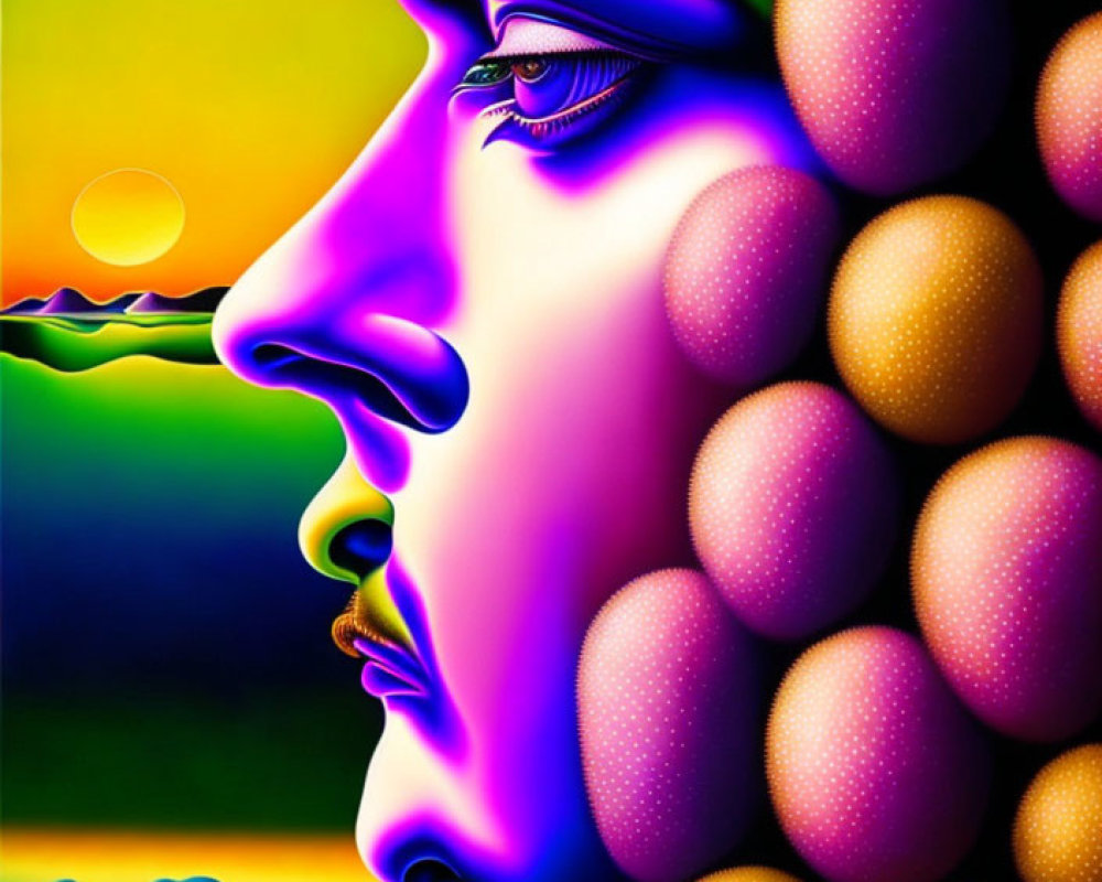 Colorful digital artwork: surreal face profile with sphere hair & floating bubble