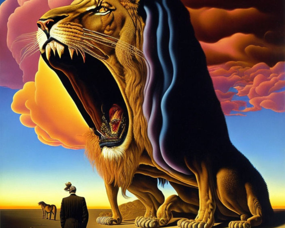 Surreal painting featuring giant lion, male figure, camel, dramatic clouds, and cracked earth landscape