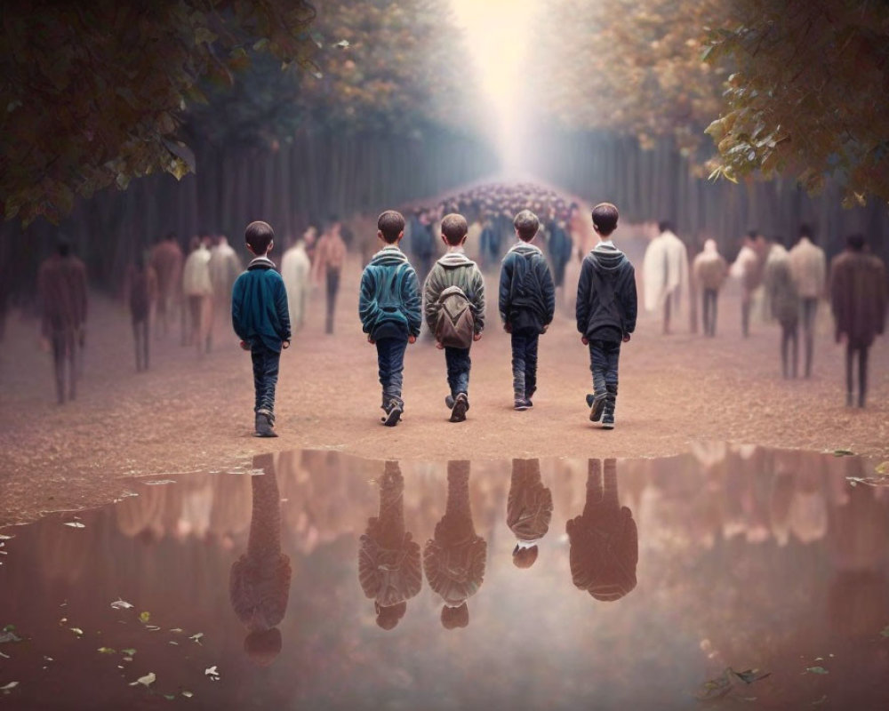 Children walking towards bright light on tree-lined path with reflections in water