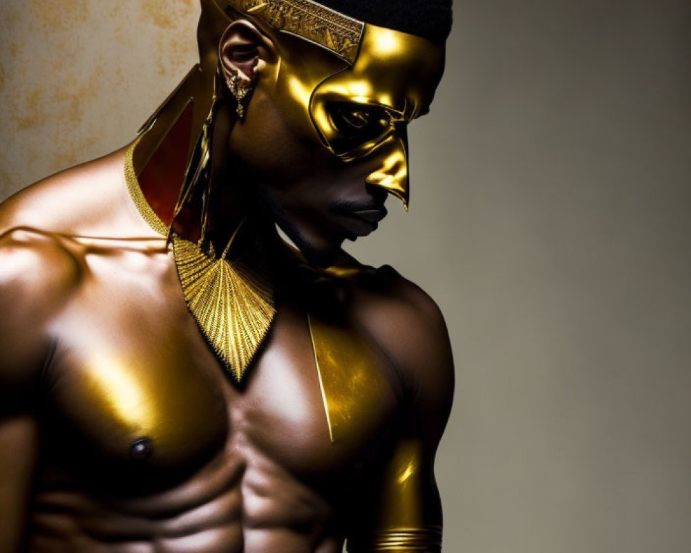 Sculpted Physique Figure in Golden Accessories and Mask on Muted Background