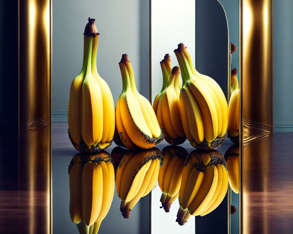 Bananas reflected on glossy surface with dark background and golden lines