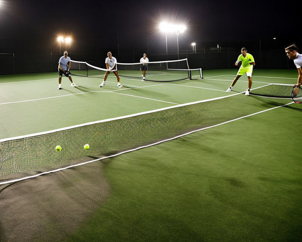 Nighttime doubles tennis match on green court with bright lights and tennis balls.