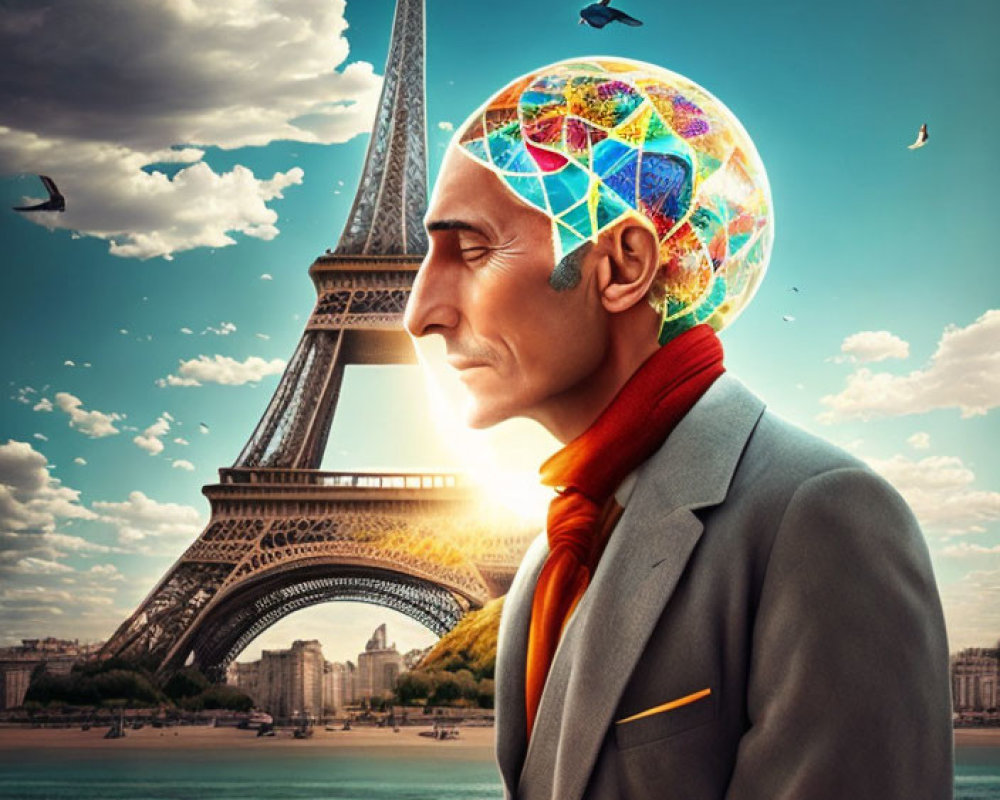 Man with Globe-Shaped Head in Surreal Eiffel Tower Scene