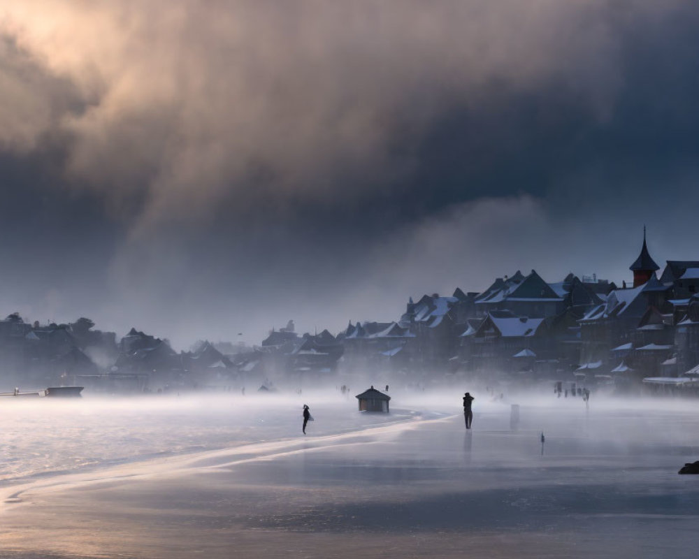 Snow-covered village with silhouettes under dramatic cloudy sky