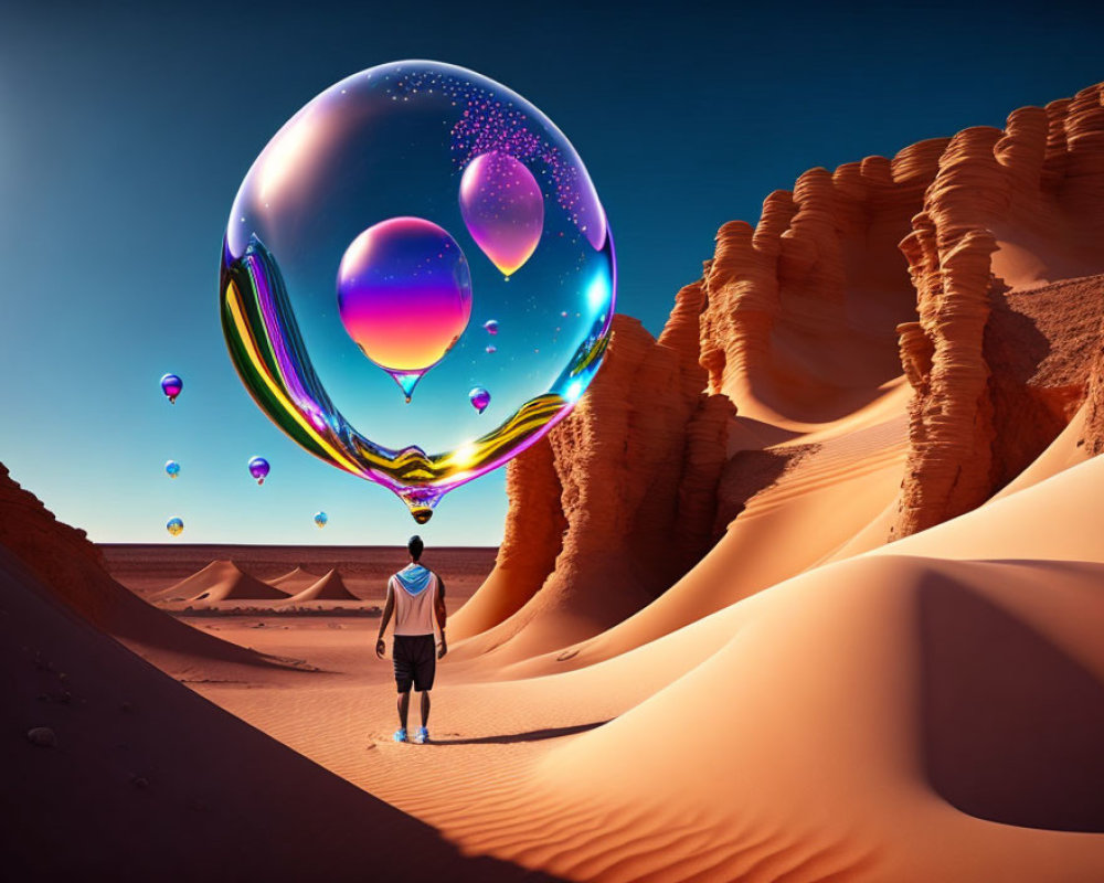 Person admiring colorful bubbles in desert landscape