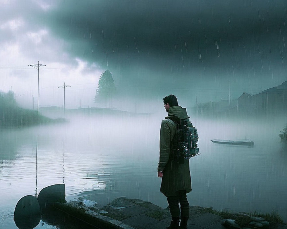 Person in Coat with Backpack Standing by Foggy Lakeside in Heavy Rain