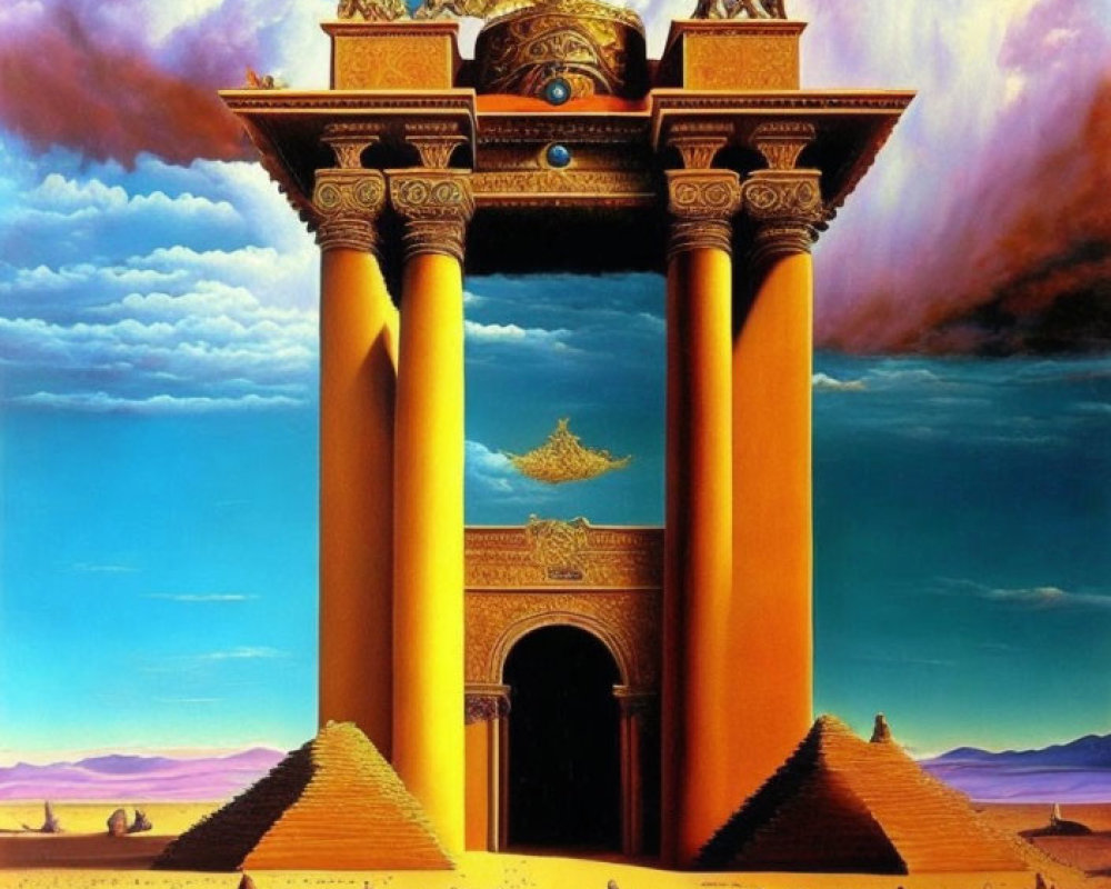 Surreal painting of golden architectural structures under crescent moon in desert landscape