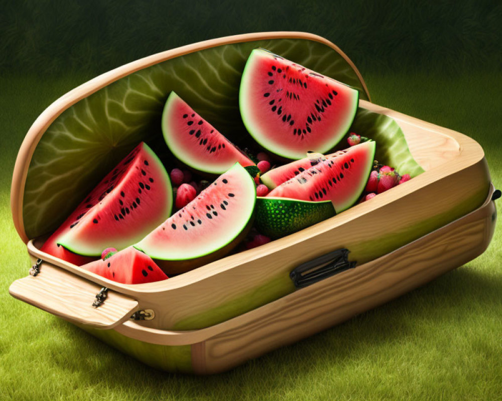 Wooden picnic basket with fresh watermelon slices and berries on lush green grass