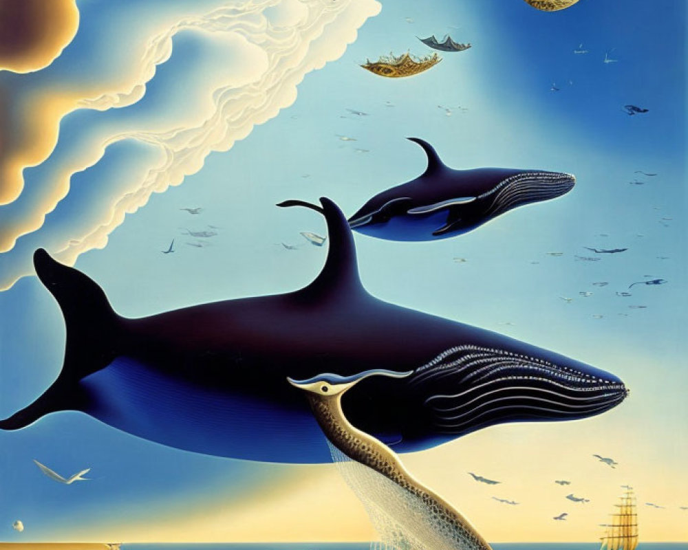 Whimsical artwork: whales in sky with boats, transitioning to water.