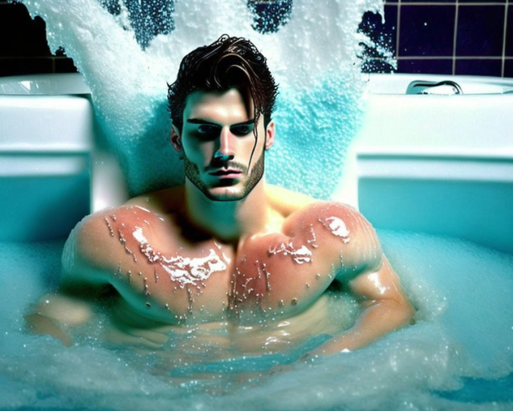 Dark-haired man in bubble bath with serious expression