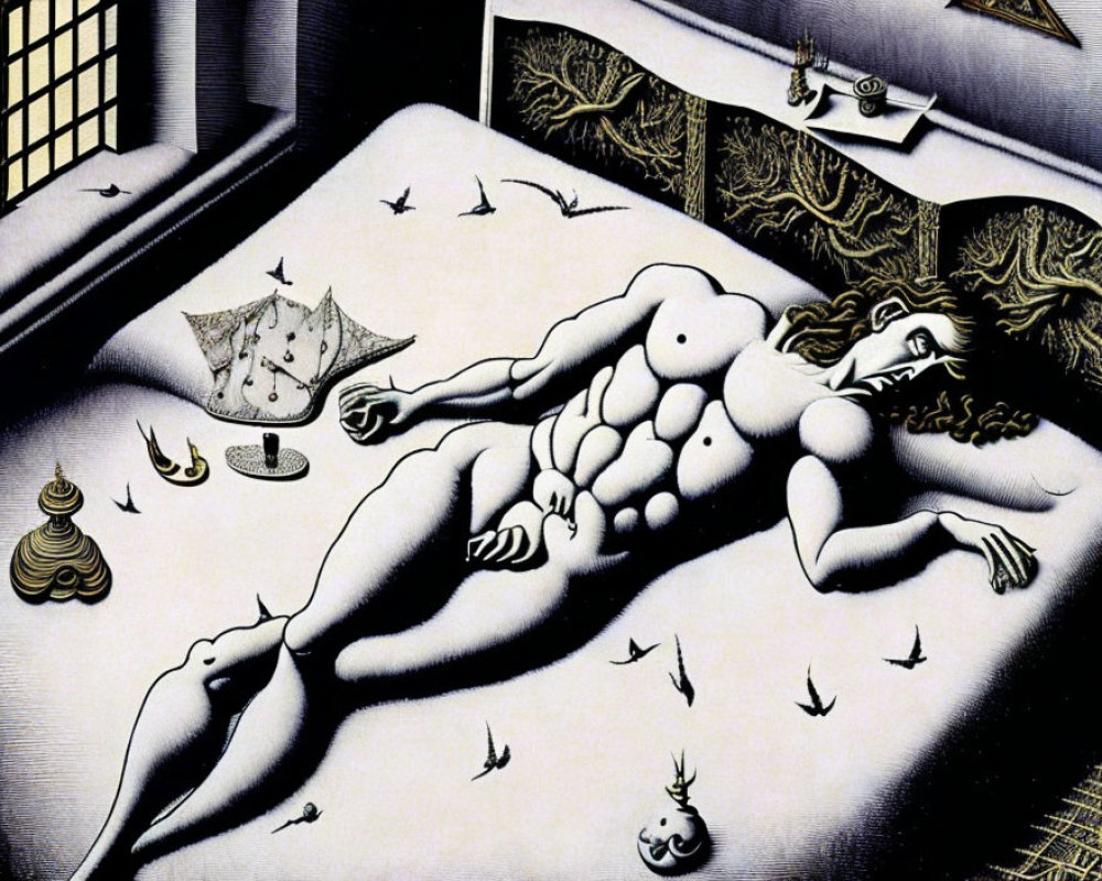 Surreal illustration: reclining female figure amidst odd objects & patterns