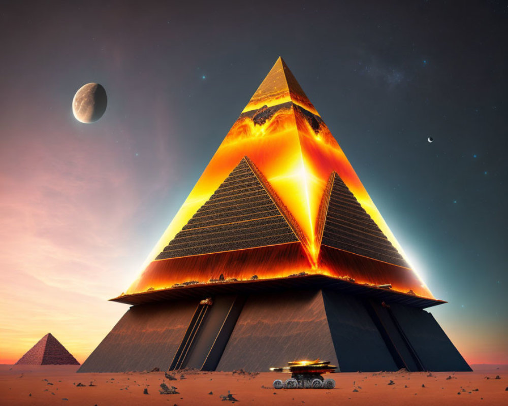 Futuristic illuminated pyramid in desert landscape at dusk