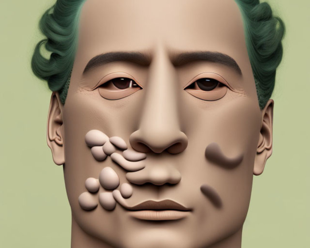 Surreal human face with green hair, multiple noses, and eyes on one side, set against