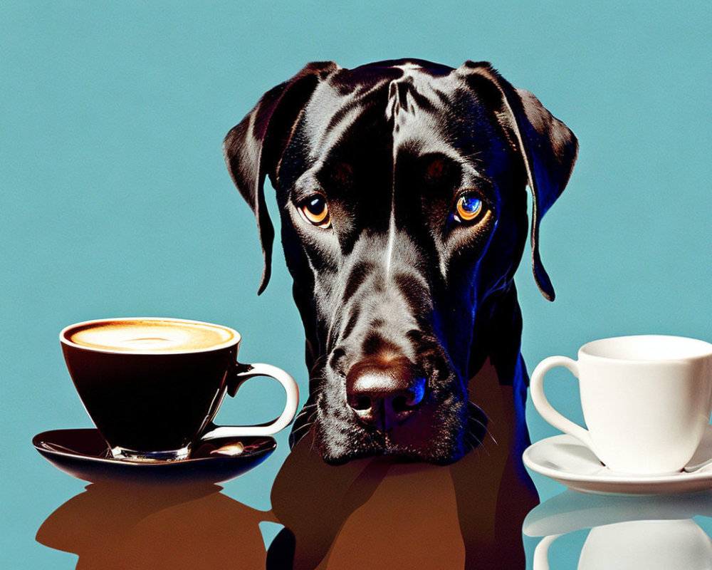 Large Black Dog with Expressive Eyes Beside Cappuccino Cup