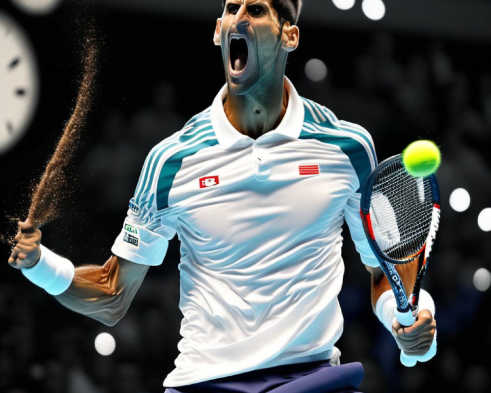 Male Tennis Player in Blue and White Outfit Swings Racket in Indoor Match