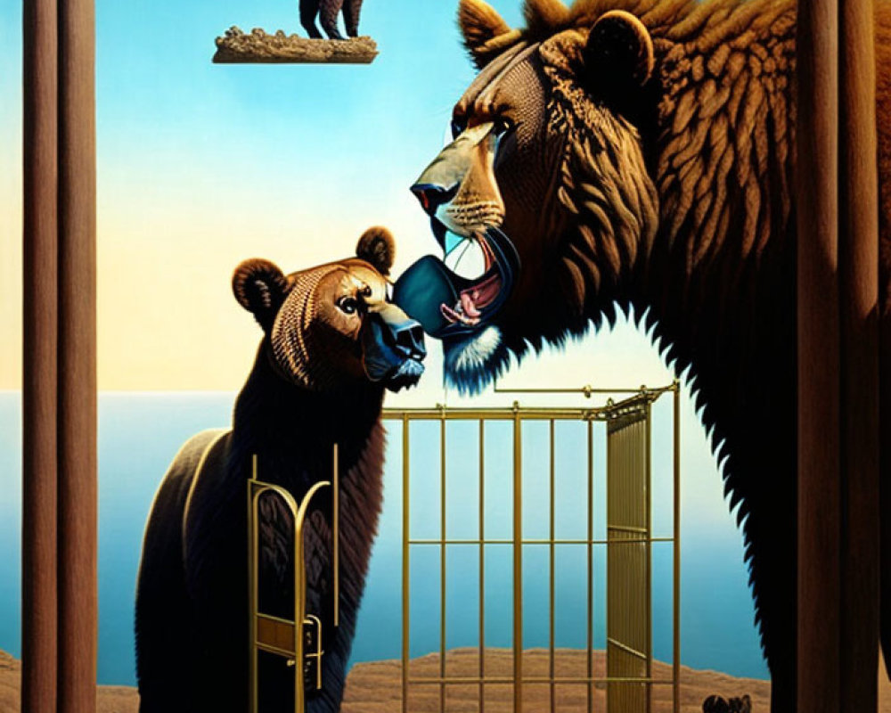 Surreal artwork featuring bear, eagle, and desert landscape