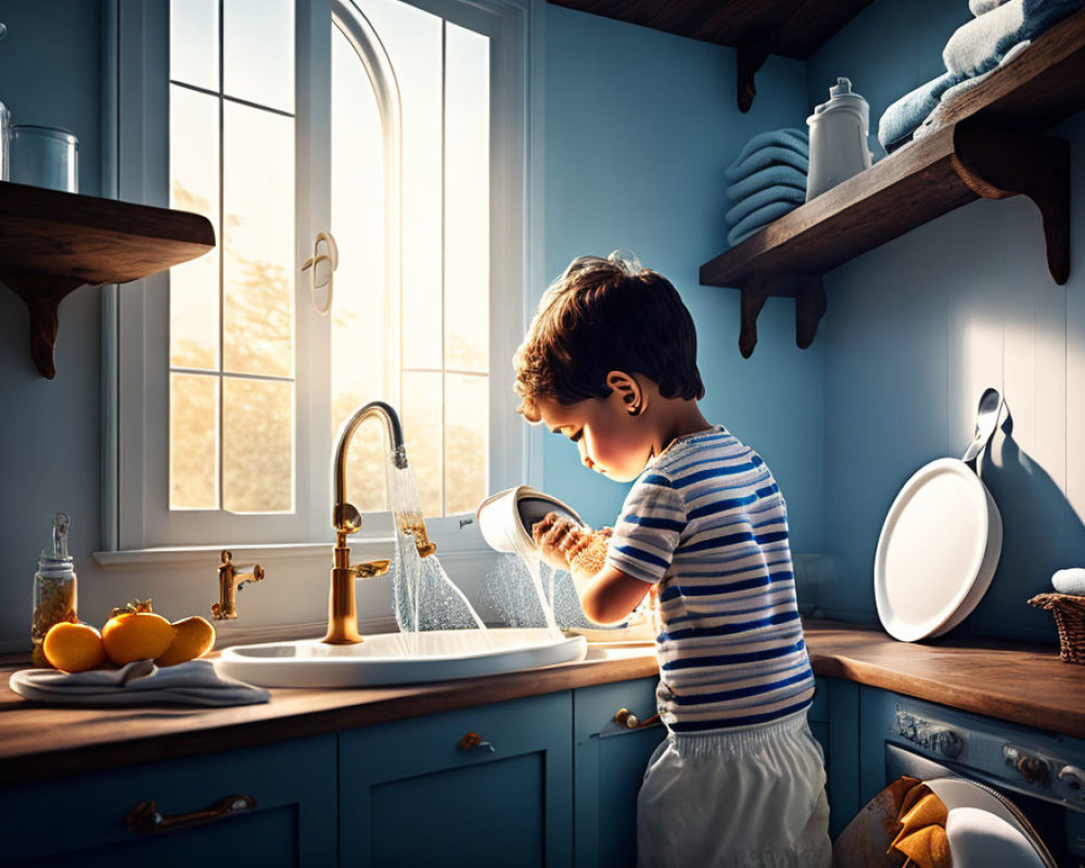 Young boy in striped shirt washing dishes in sunny kitchen with oranges.