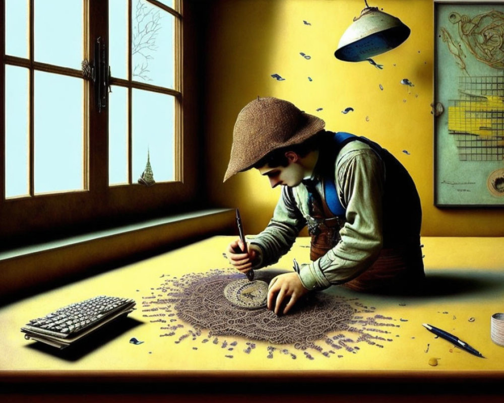 Person in Brown Hat Drawing Intricate Circular Pattern with Keyboard, Blueprint, and Lamp