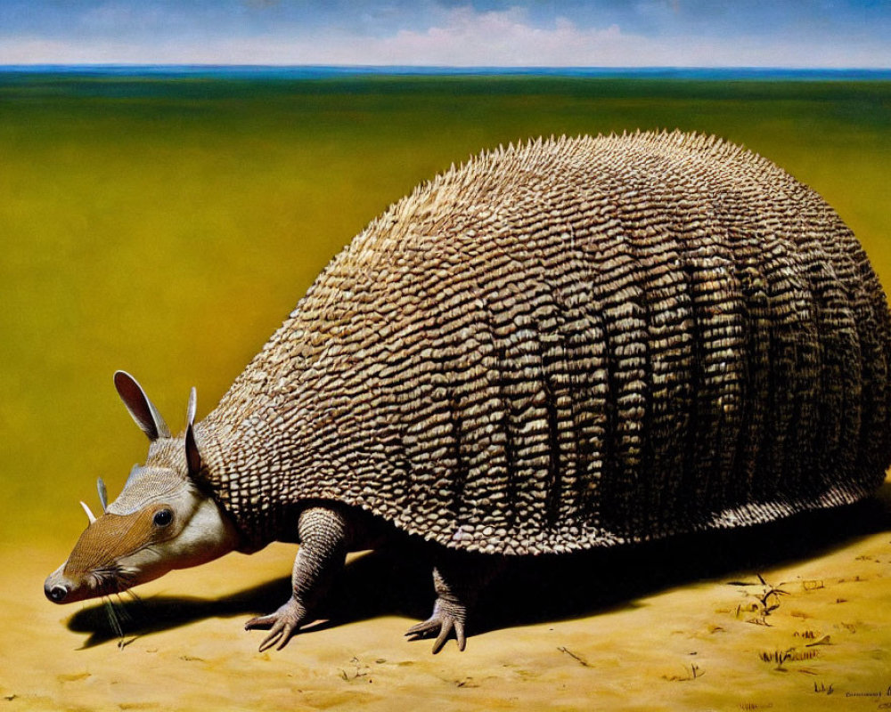 Hyperrealistic Painting: Giant Armadillo in Blue Sky Landscape