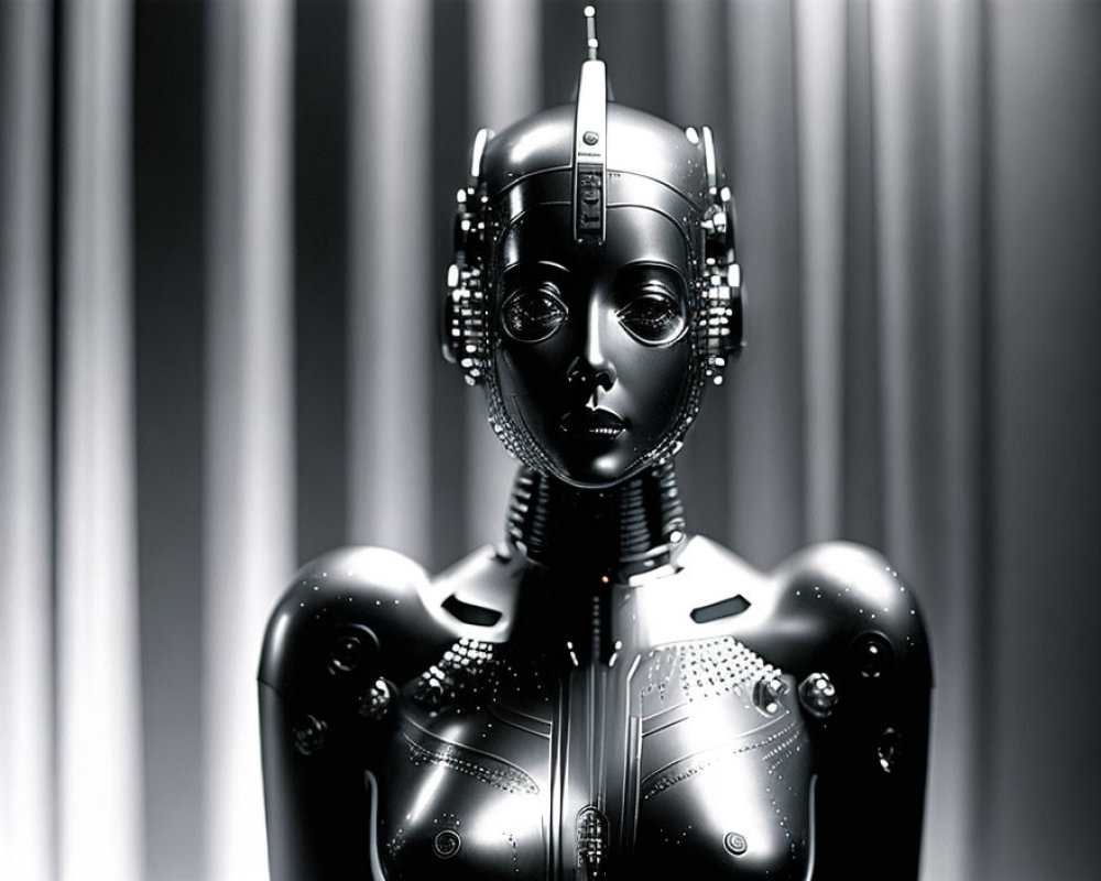 Detailed humanoid robot with female features on striped background