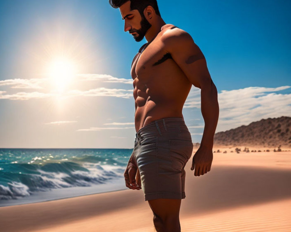 Fit shirtless man on sandy beach at sunset with ocean backdrop