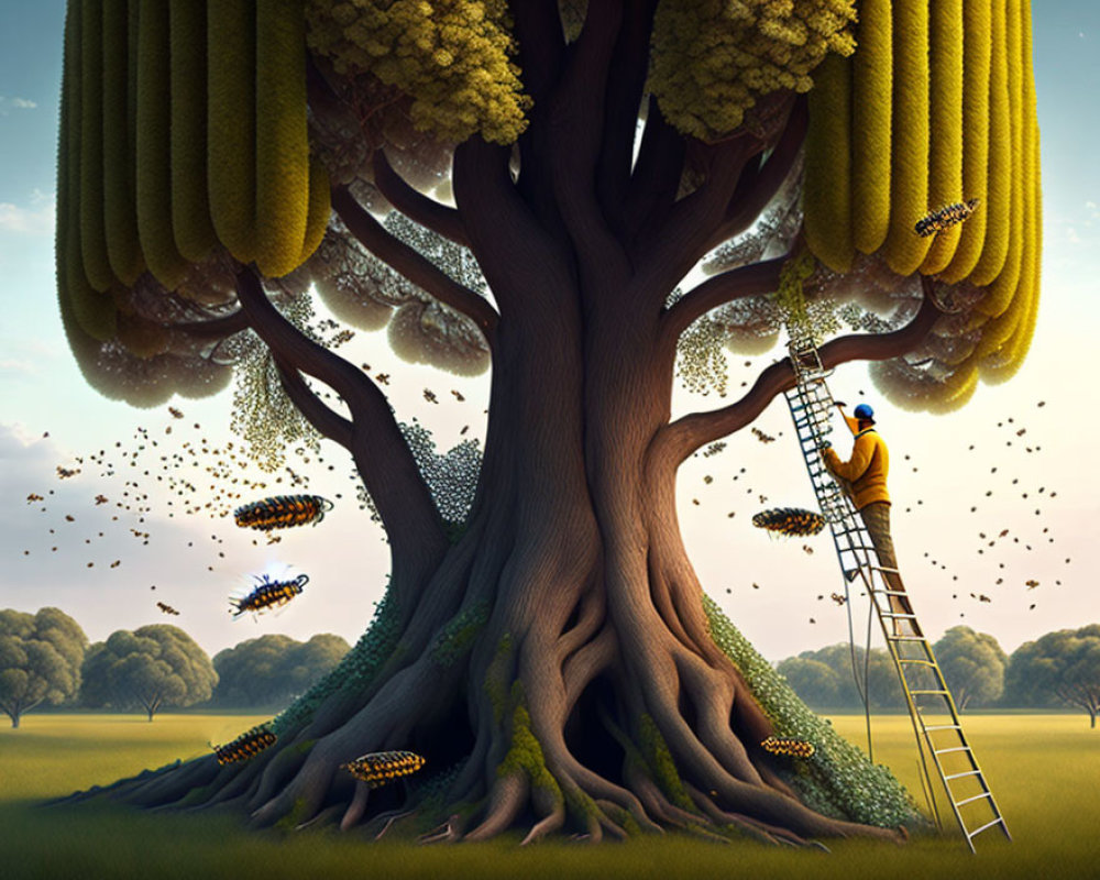 Person harvesting honeycomb from surreal tree in sunlit meadow