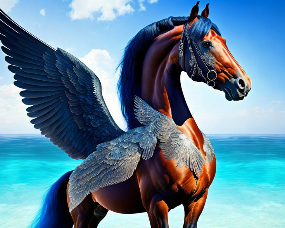 Majestic winged horse with brown coat and blue-gray wings by blue ocean