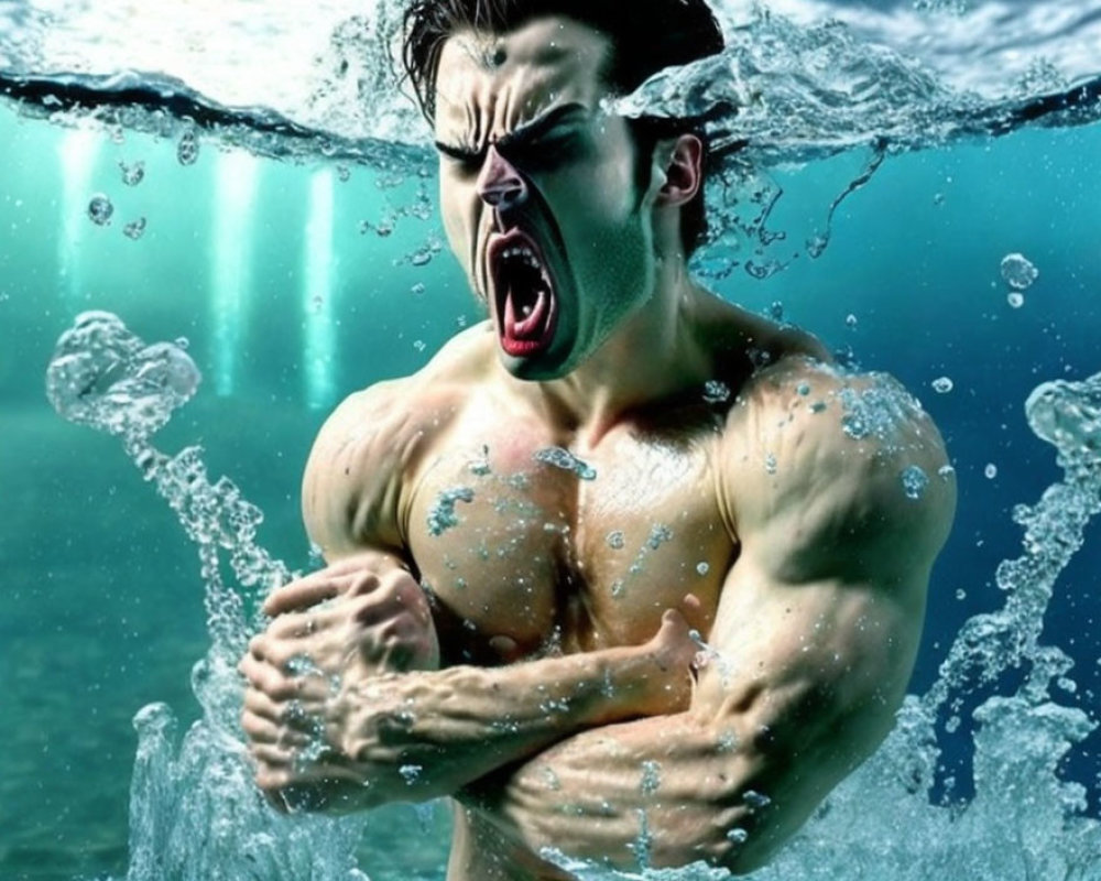 Muscular man emerges from underwater with clenched fists and intense expression