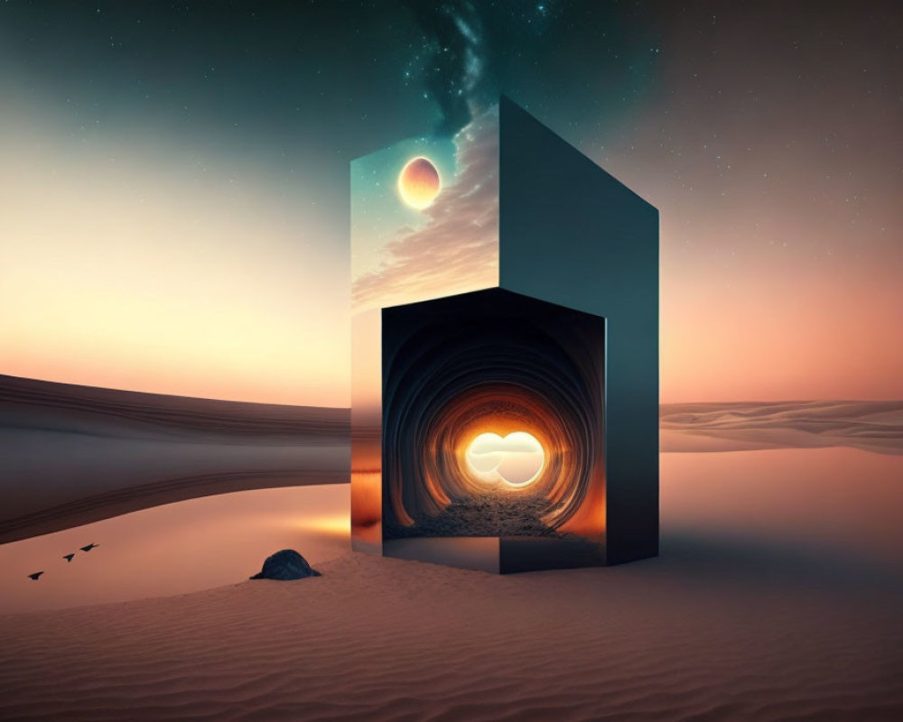 Surreal desert landscape with cubic structure and cosmic view