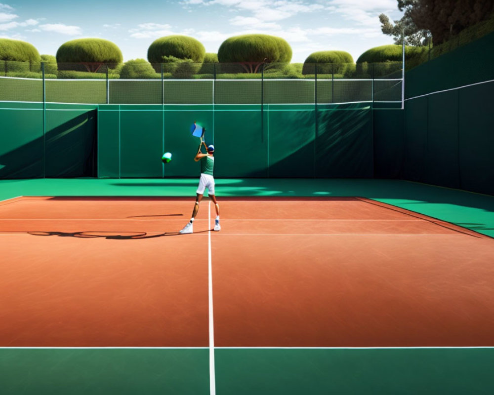 Tennis Player Serving on Sunlit Court with Green Walls