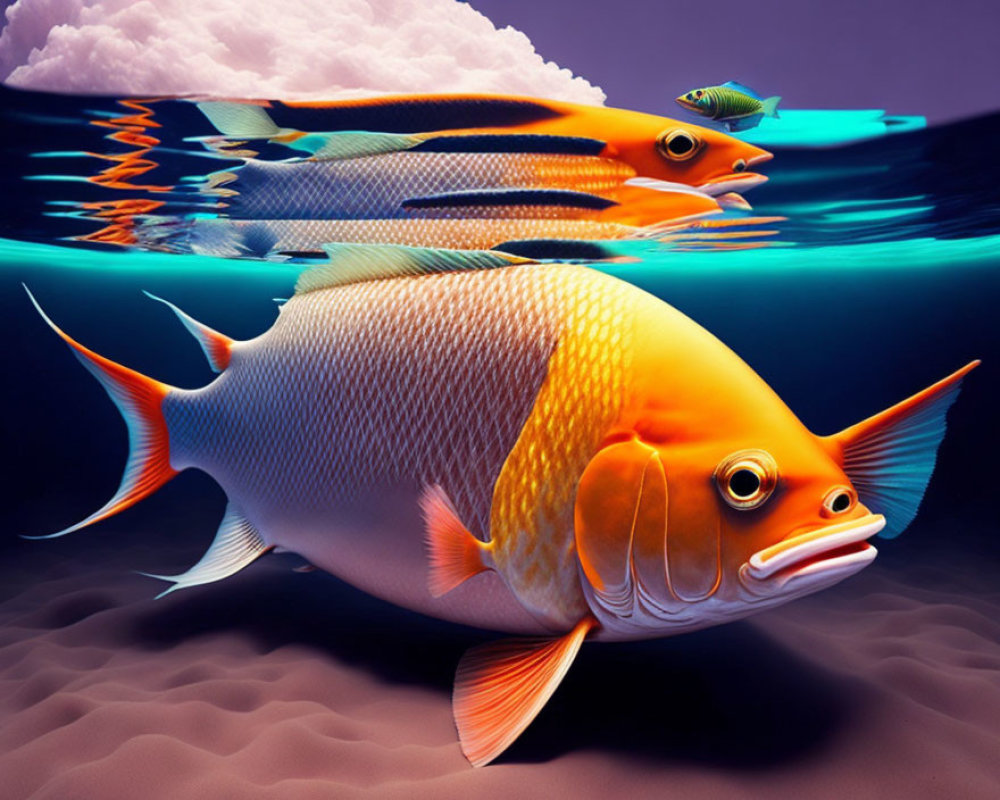 Colorful digital artwork: Orange fish with exaggerated features, swimming near water's surface with reflection and sandy