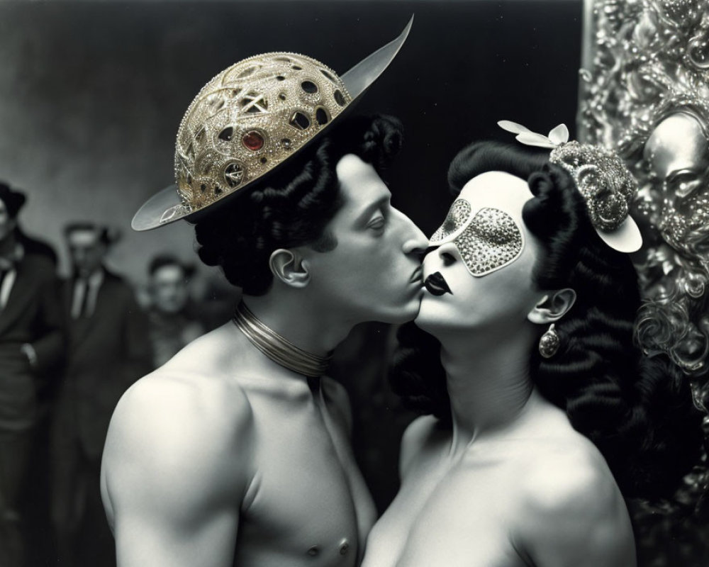 Monochrome image of couple in ornate masks and costumes at festive gathering