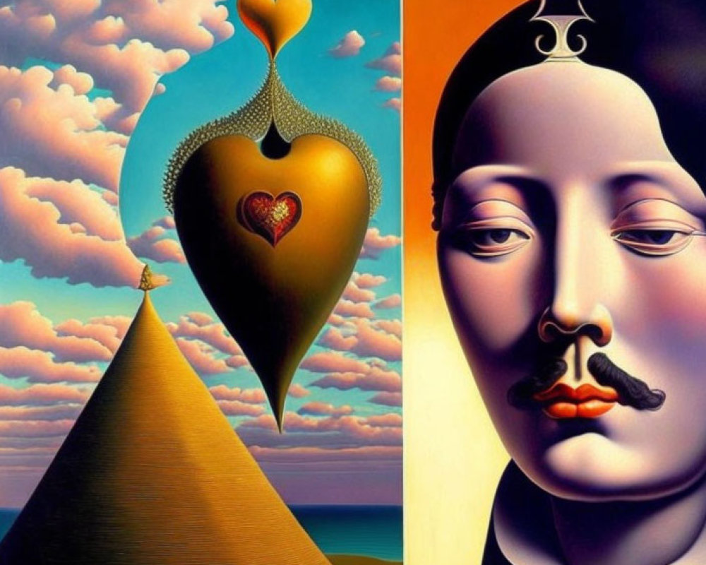 Surrealist painting with calm sky, floating hourglass, and split day-night face