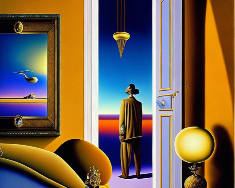 Surreal art: Figure in hat at doorway with eclectic room objects