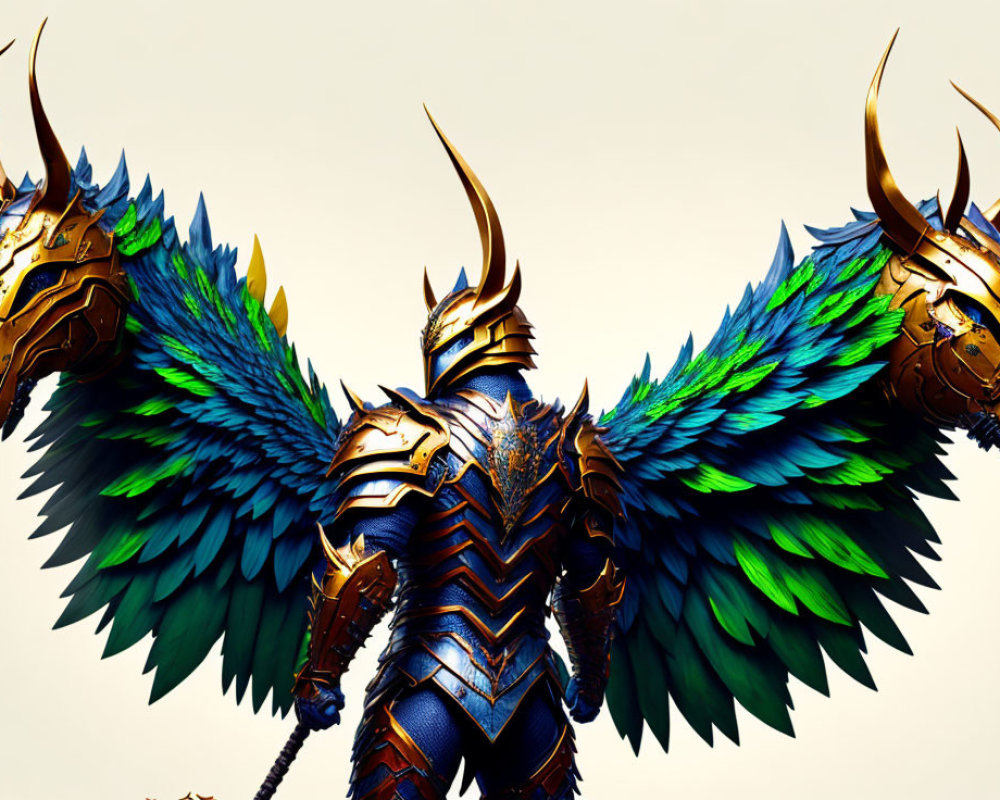 Armored humanoid creature with dragon heads and colorful wings