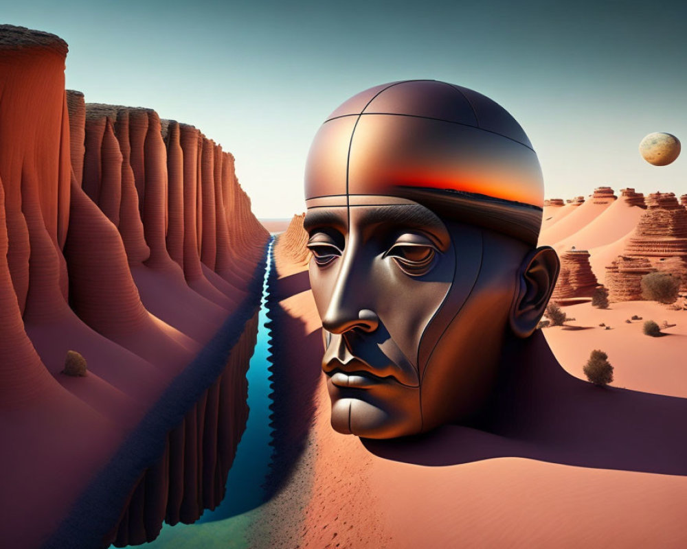 Surreal robotic face split with desert canyon and planets