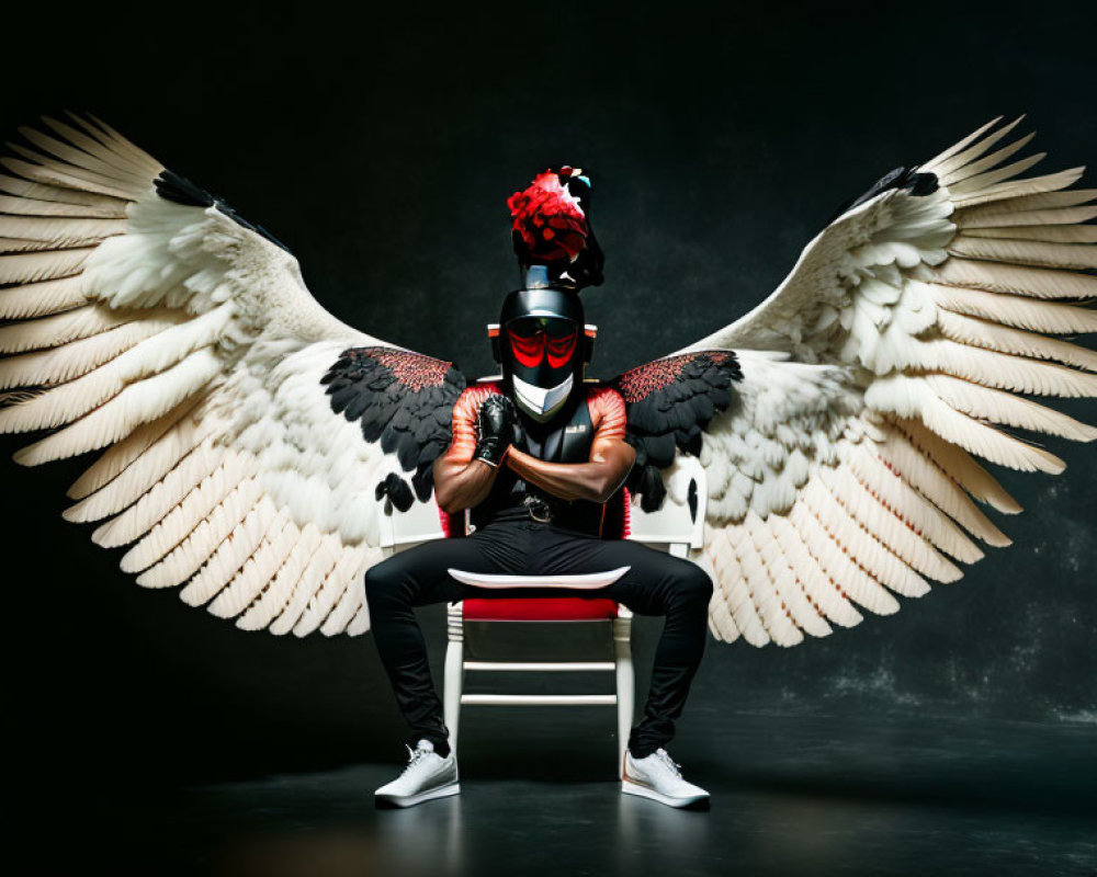 Person in black and red outfit with helmet and mask sitting on chair with large white wings on dark background