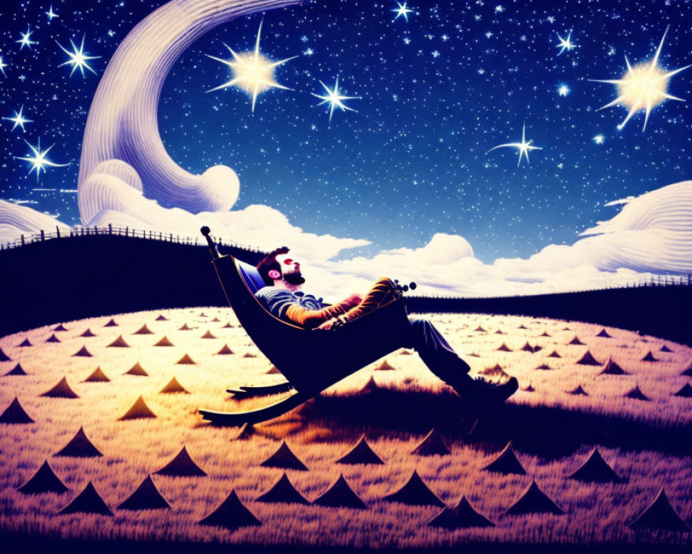 Person reclining in hammock under starry night sky with glowing landscape and crescent moon.