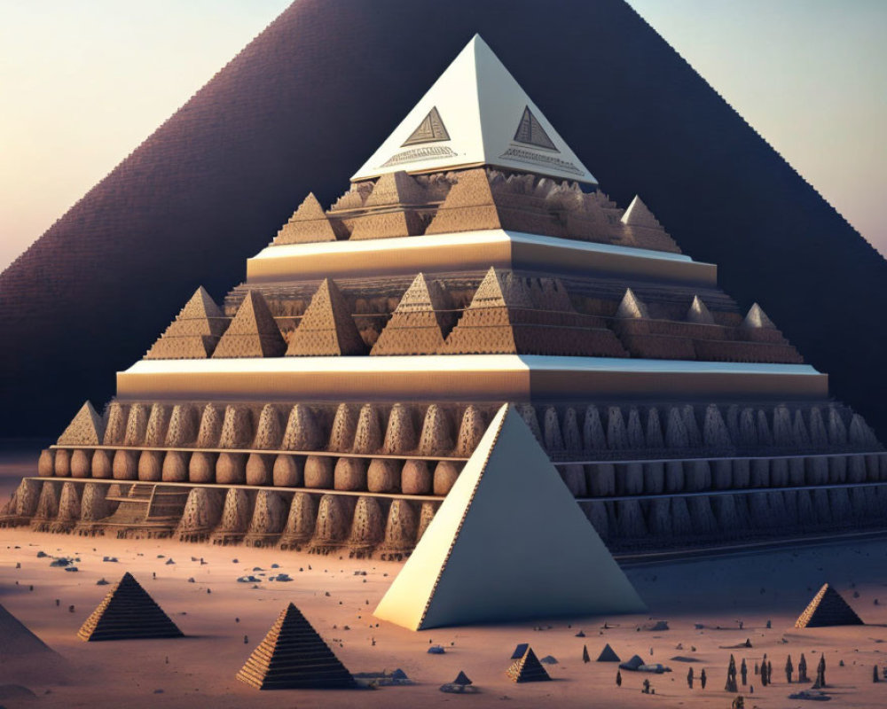 Surreal pyramid with diverse textures in desert dusk