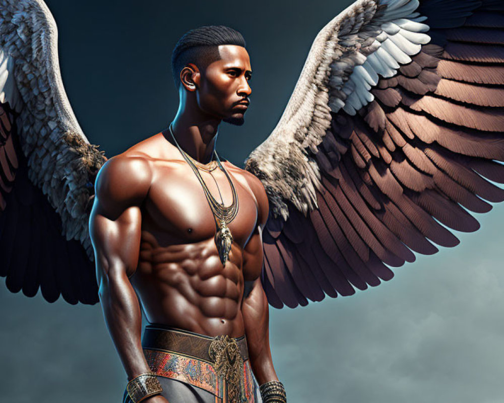 Digital artwork of majestic male figure with detailed wings and ethnic ornaments against sky backdrop