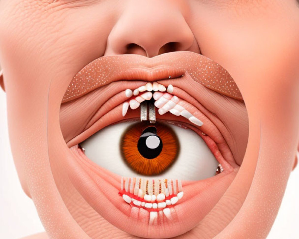 Surreal optical illusion: woman's face blends with eye as mouth