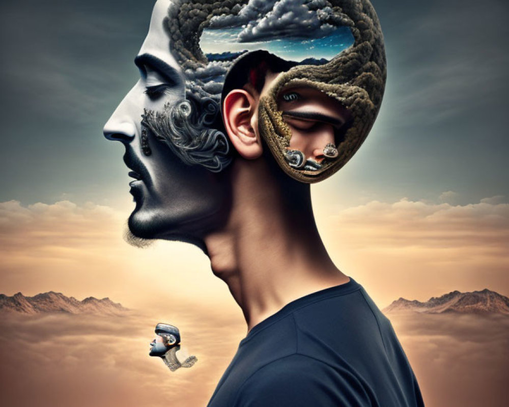 Surreal profile image with open head revealing brain landscape