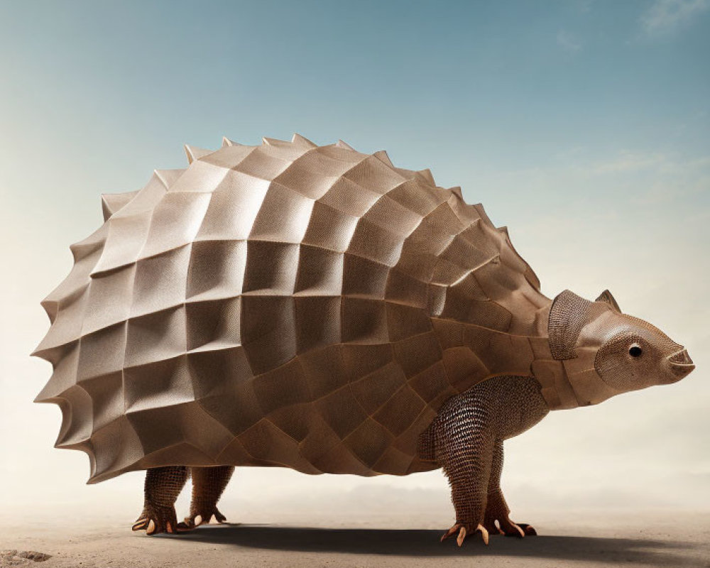 Geometric metallic armadillo on sandy surface under clear sky