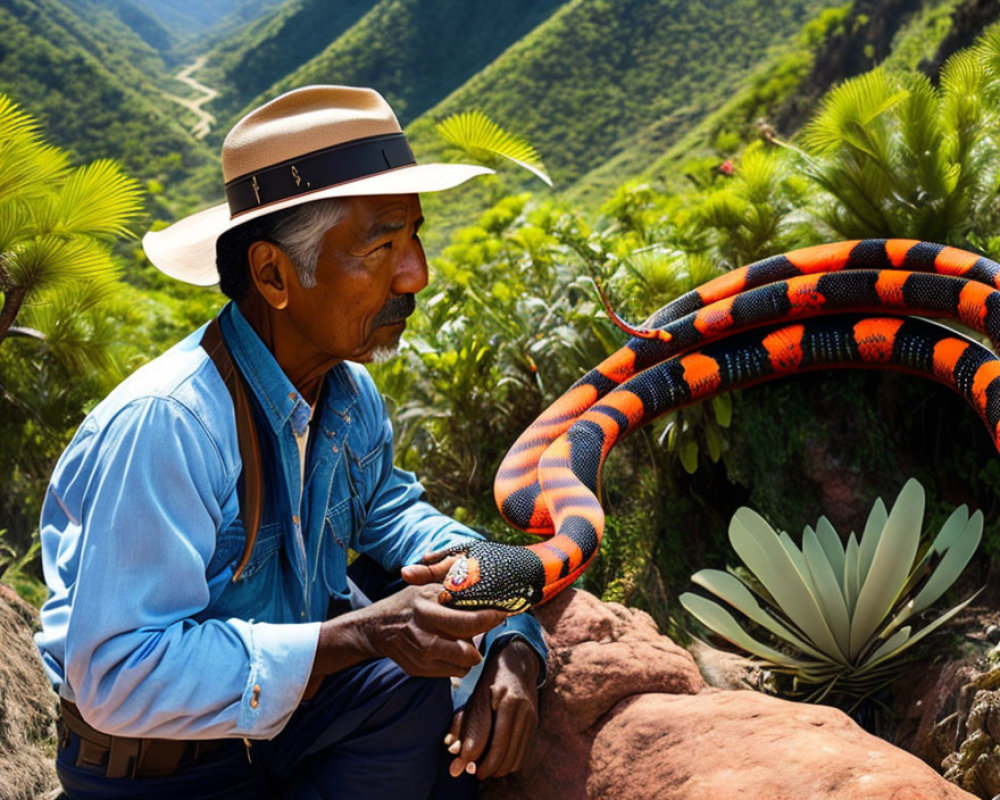 Man in hat holds colorful snake in mountainous landscape.